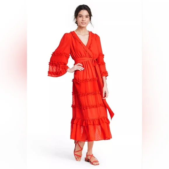 Alexis X Target Elegant Orange Angel Sleeved Tiered Ruffle Dress Size XXS - Picture 2 of 16